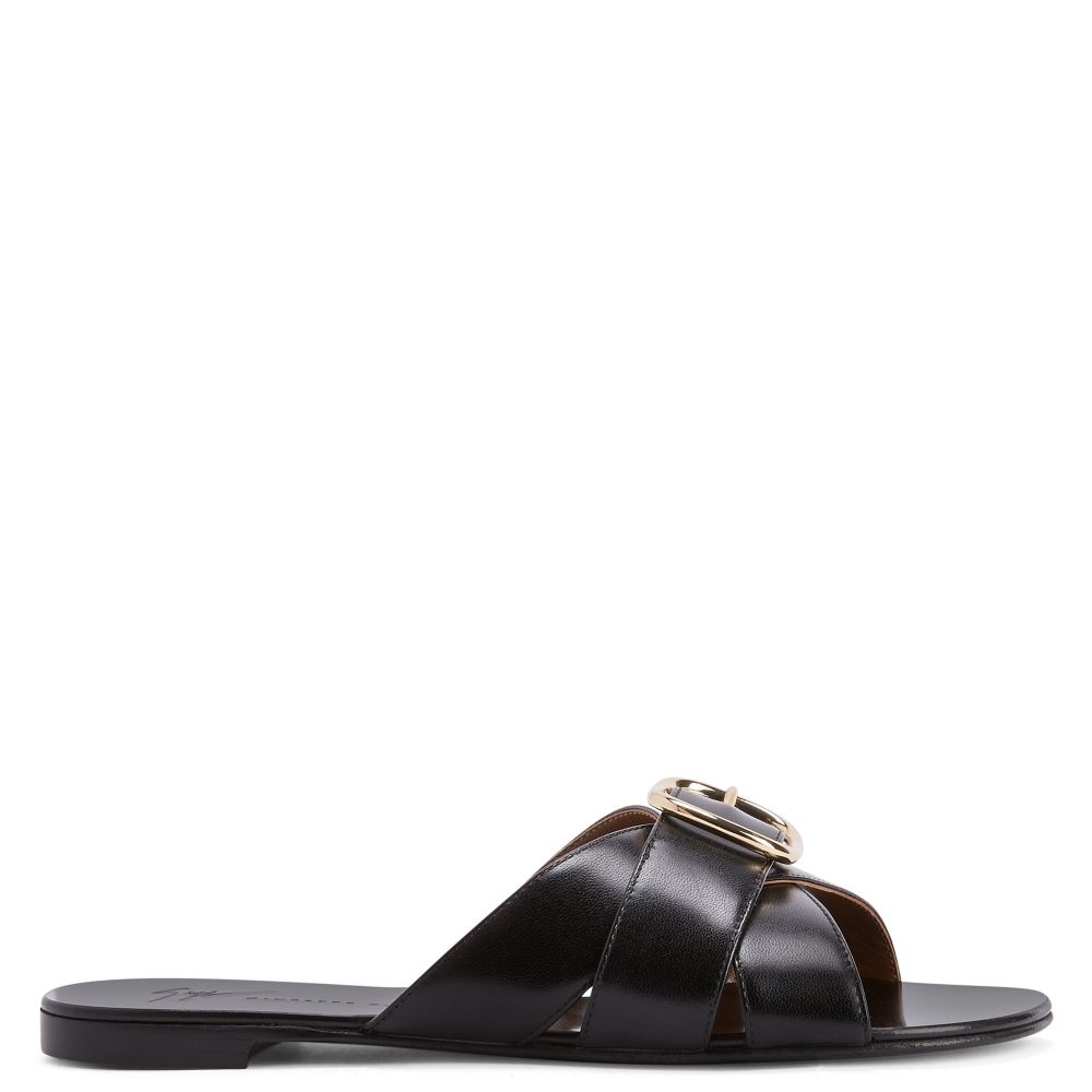 NEW IN BOX Giuseppe Zanotti Black Geraldhine Slide Sandals with Gold Buckle